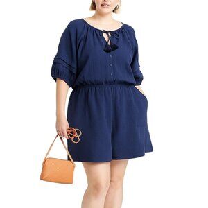 Knox Rose Size XL Gauze Romper Boho-Style Womens Textured Tassel Tie Waist Blue